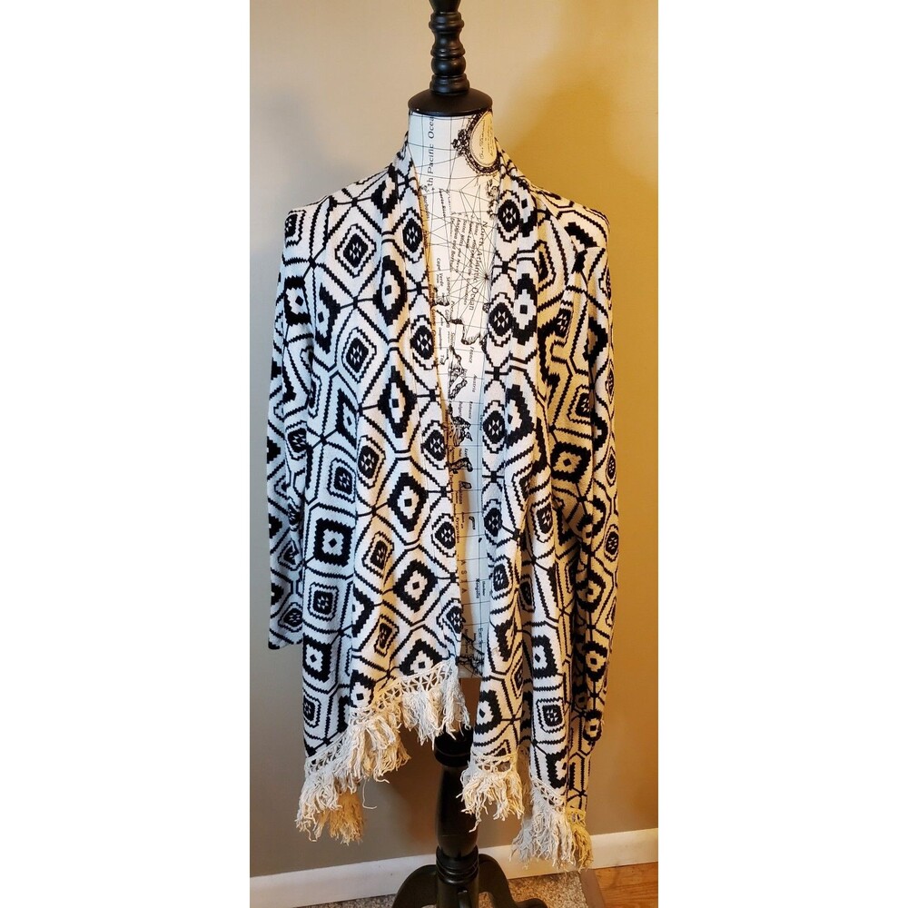 Massini M Womens Black White Aztec Waterfall Cardigan Fringe Tassel Open Front